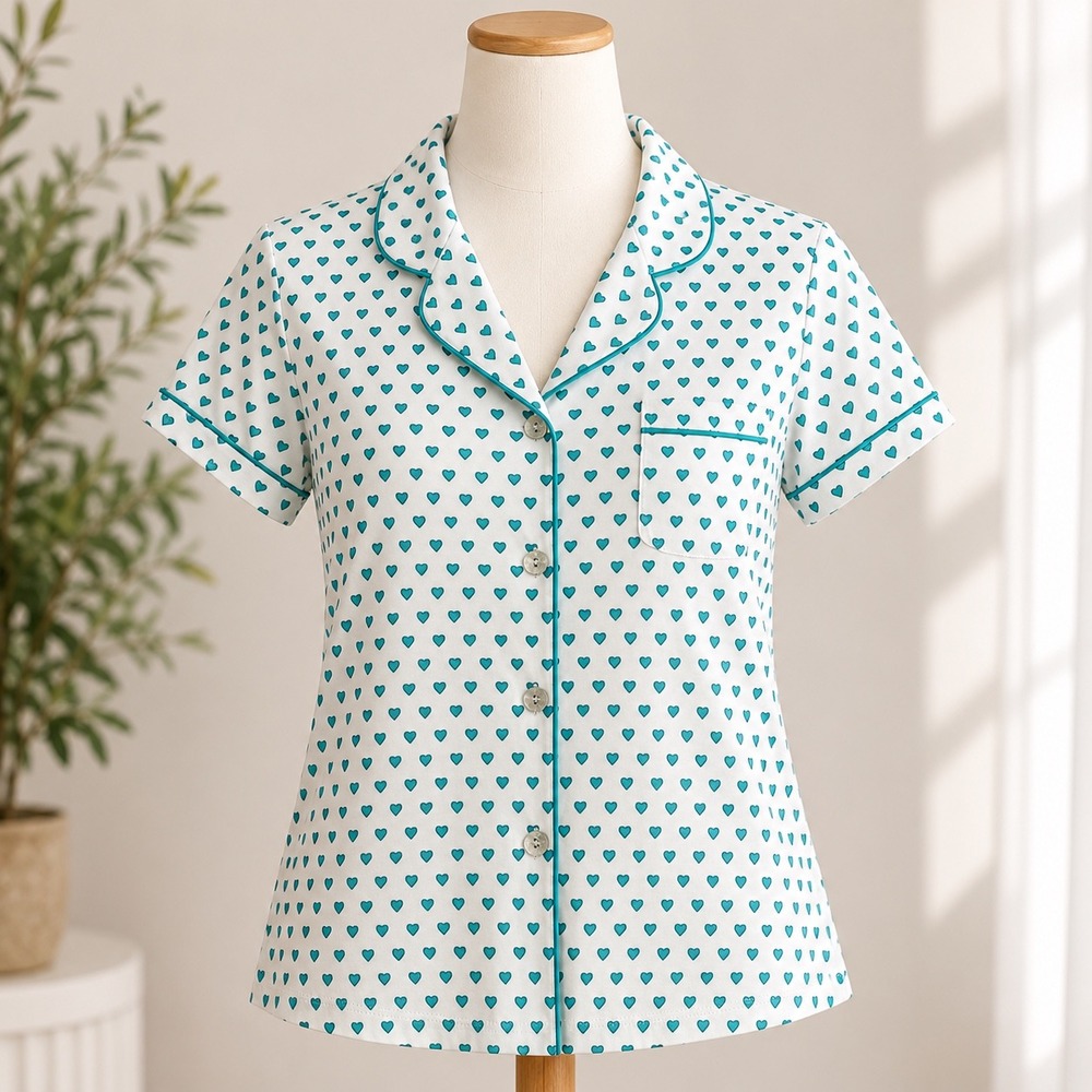 Roller Rabbit Pajama Top Womens XS White Teal Pima Cotton Heart Print PJ Shirt